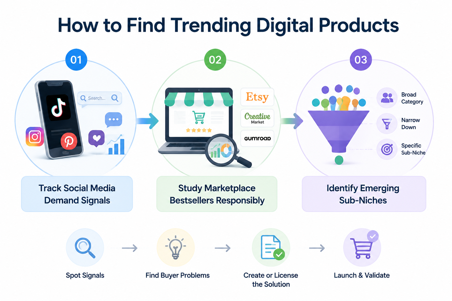 An infographic illustrating how to find digital dropshipping products through social media and marketplace research.