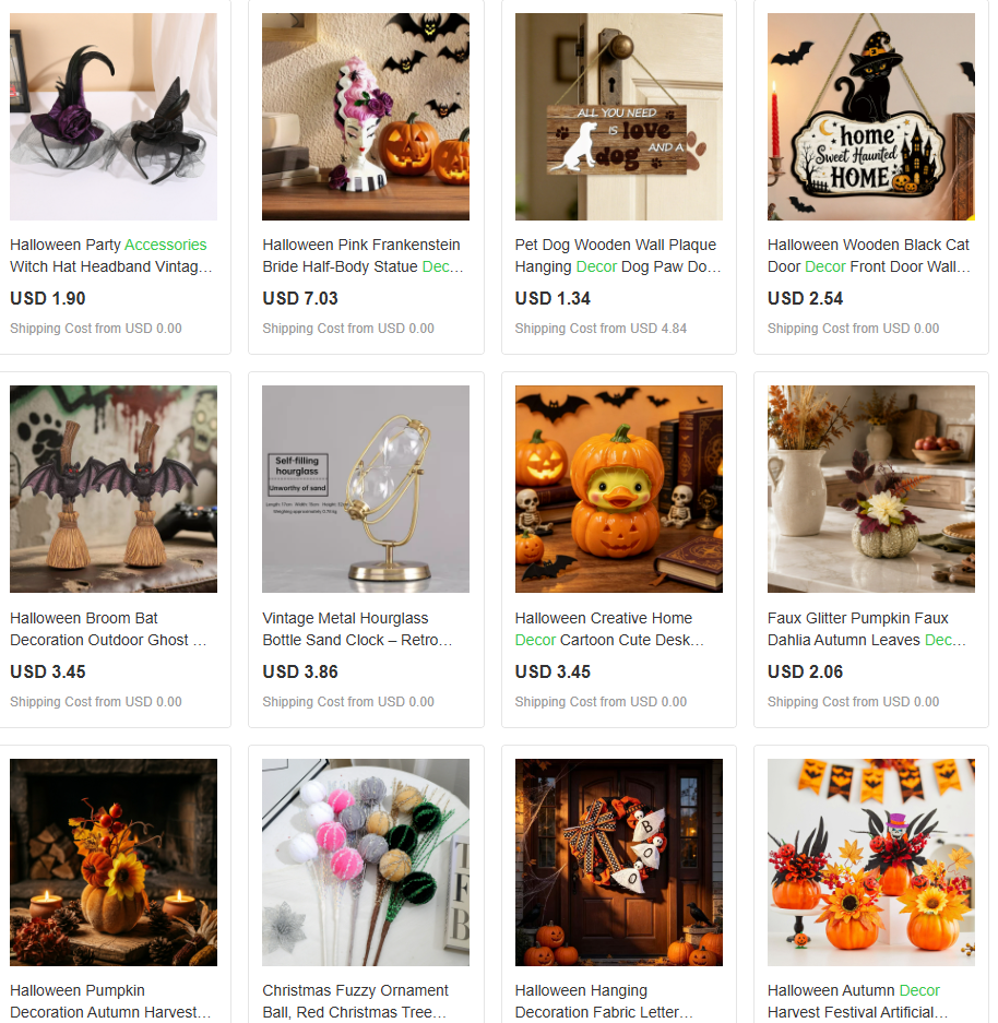Displaying holiday dropshipping products including Halloween and Christmas decorations on EPROLO.