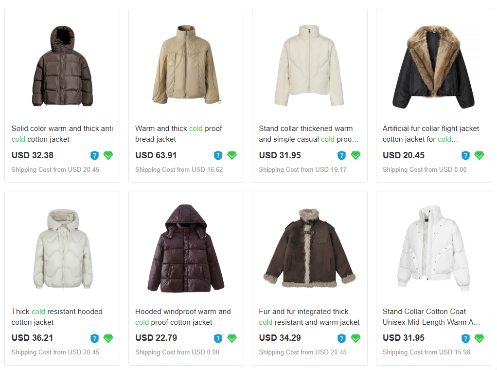 Displaying winter coats as trending dropshipping products Q4 2026 on EPROLO.