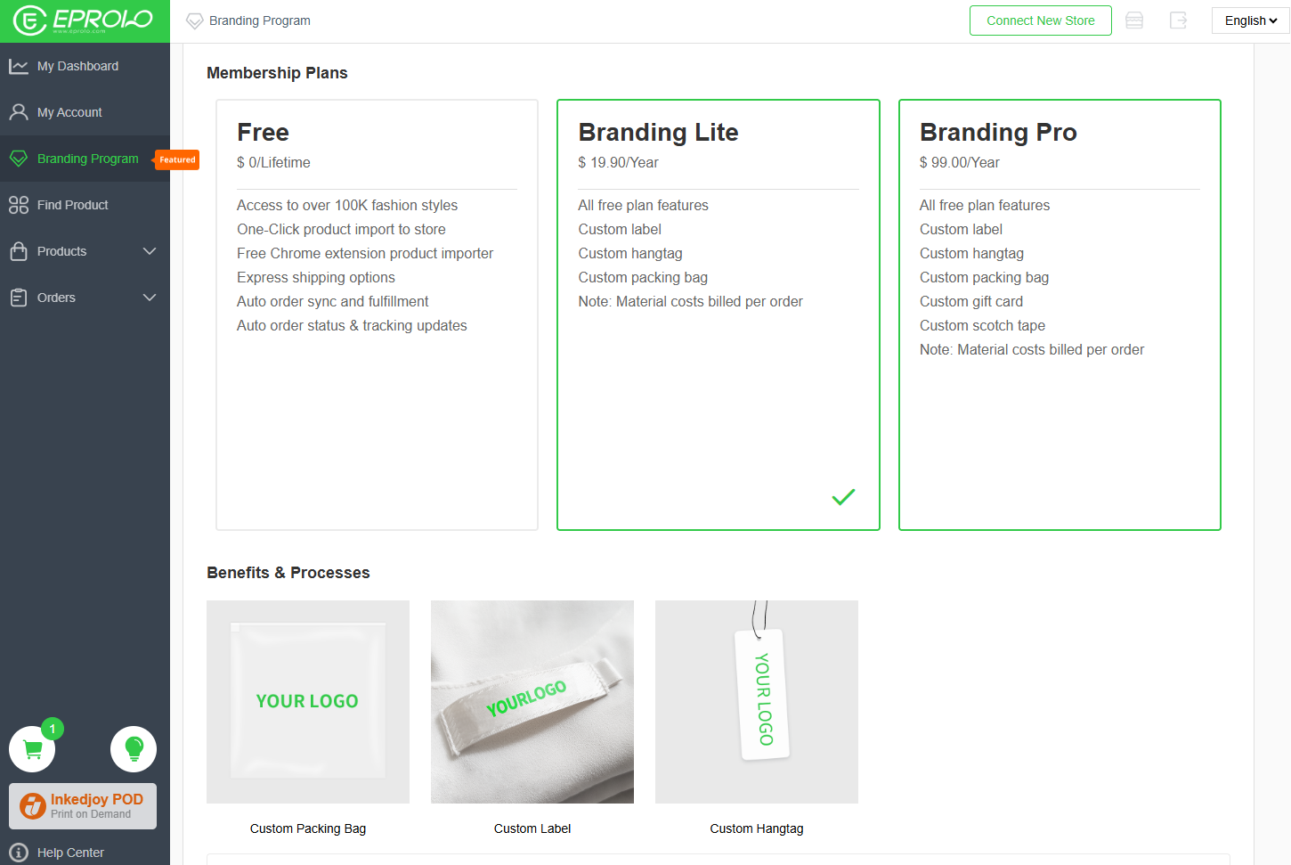 Showing membership plans where EPROLO Fashion Branding Lite costs $19.90 per year for custom branding.
