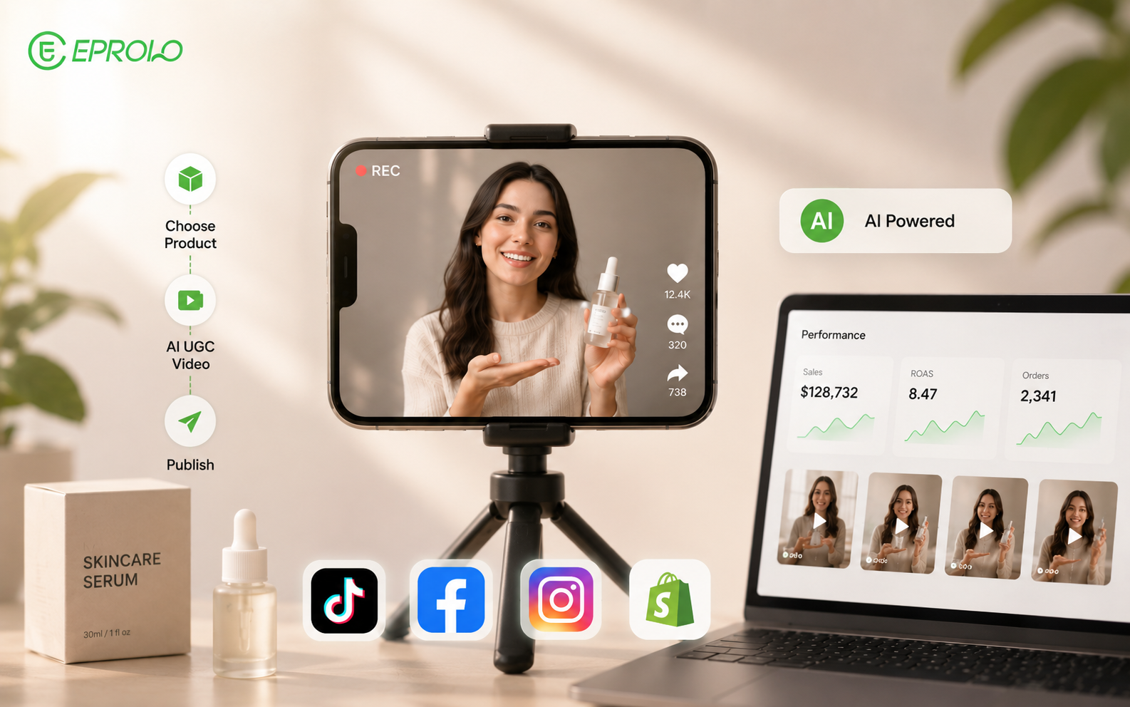 An AI UGC ad creator generating video ads for skincare products on a smartphone and laptop.