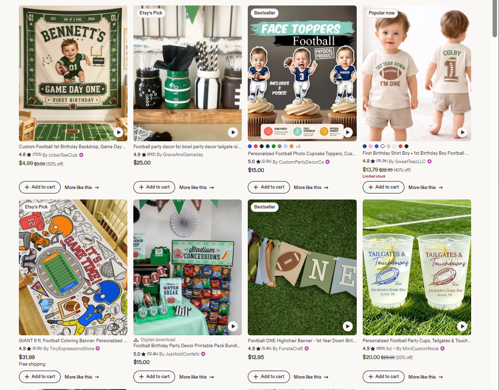 etsy shop ideas: football theme party accessories