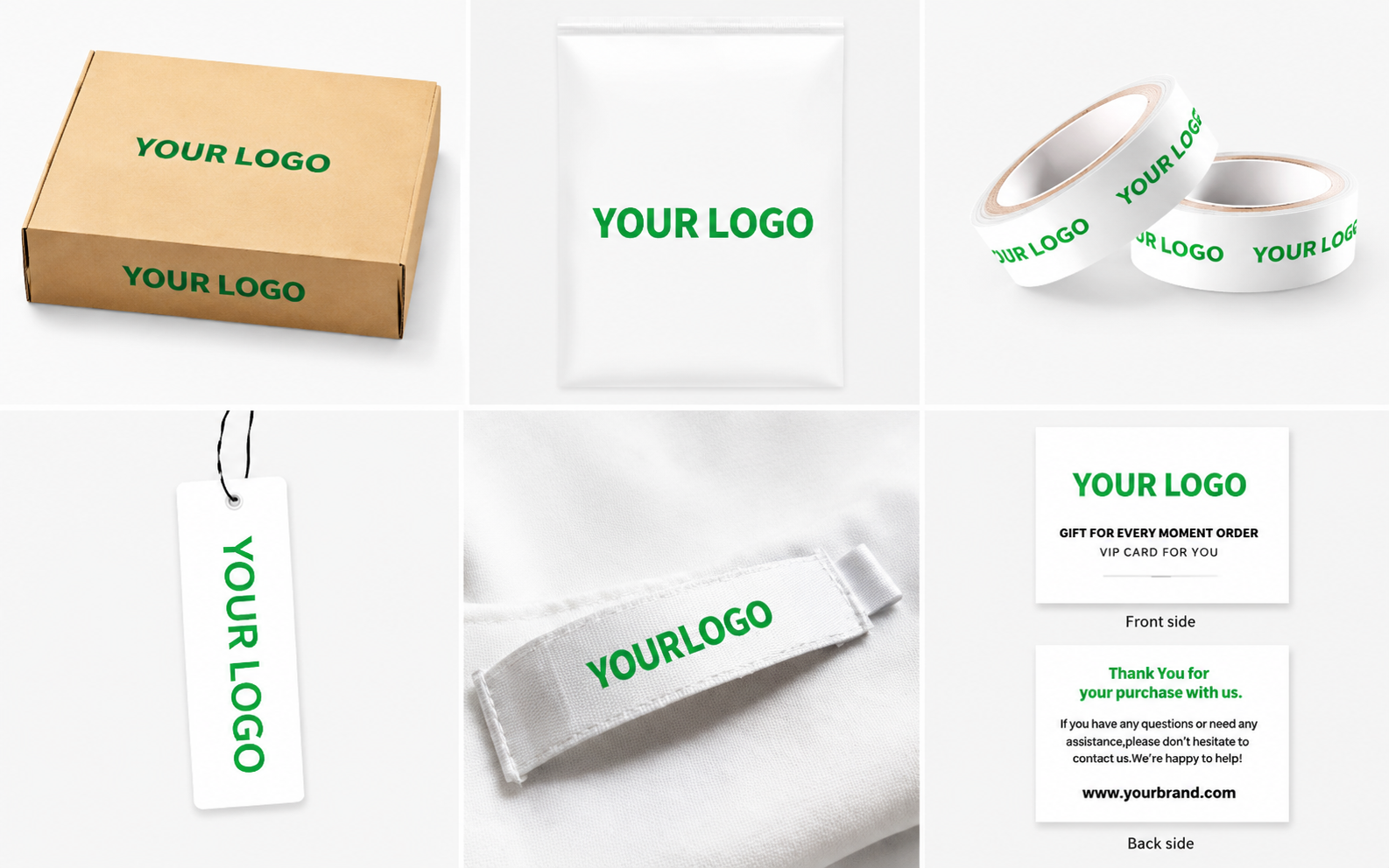 Custom packaging for dropshipping showcasing branded boxes, bags, tape, and thank-you cards by EPROLO.