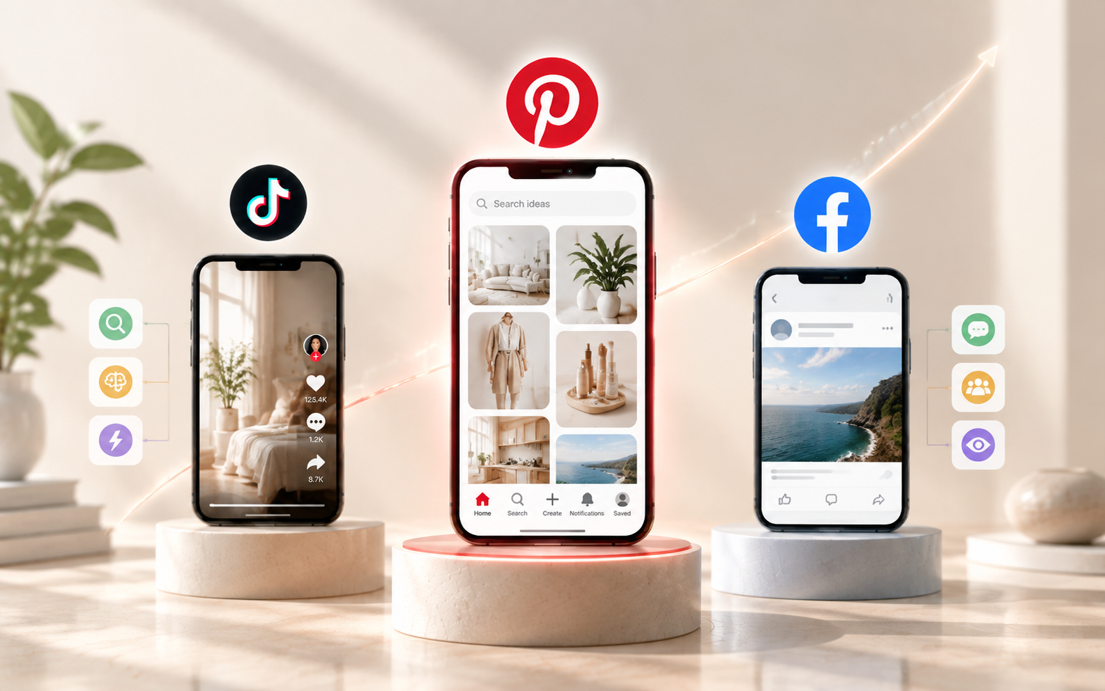 Comparing dropshipping Pinterest ads with TikTok and Facebook feeds on mobile screens.