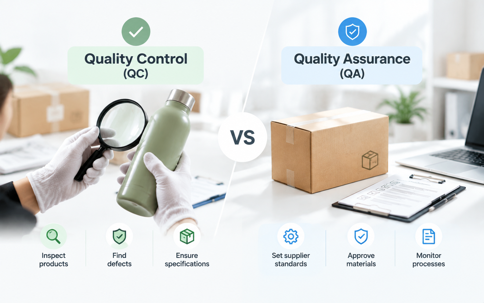 Hands performing quality control in e-commerce with EPROLO by inspecting a product using a magnifying glass.