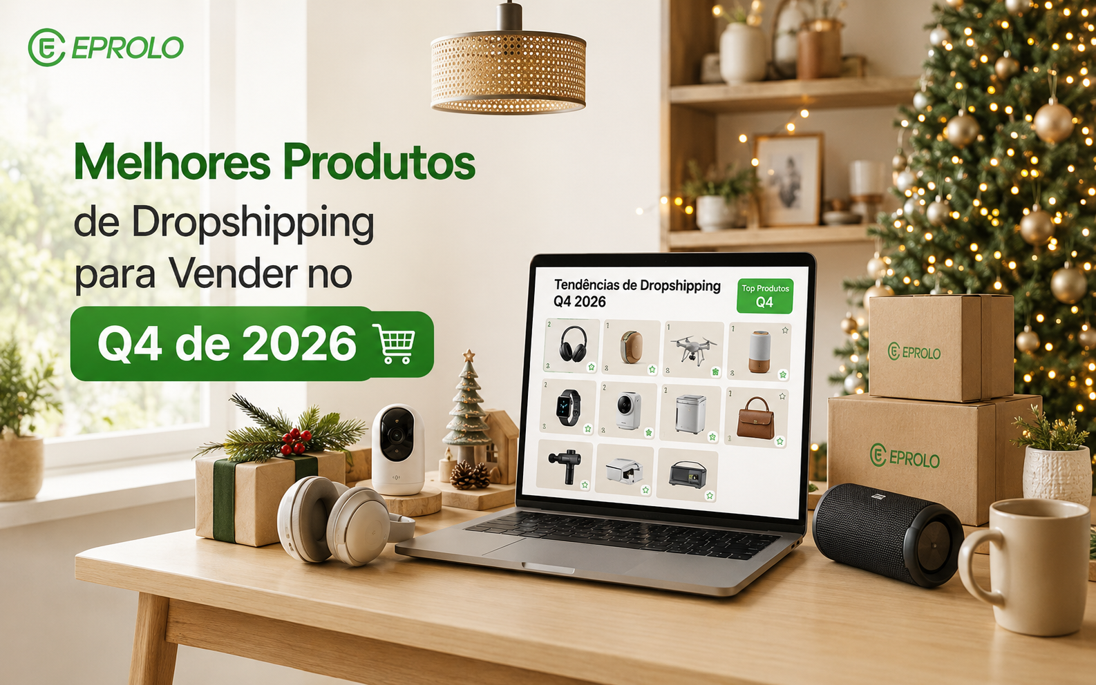 Computador portátil com exemplos de produtos de dropshipping para o Q4 da EPROLO, rodeado por artigos sazonais e encomendas.