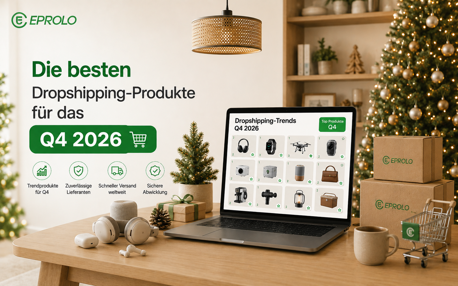 Laptop mit Beispielen der besten Dropshipping-Produkte für Q4 von EPROLO, umgeben von saisonalen Artikeln und Paketen.