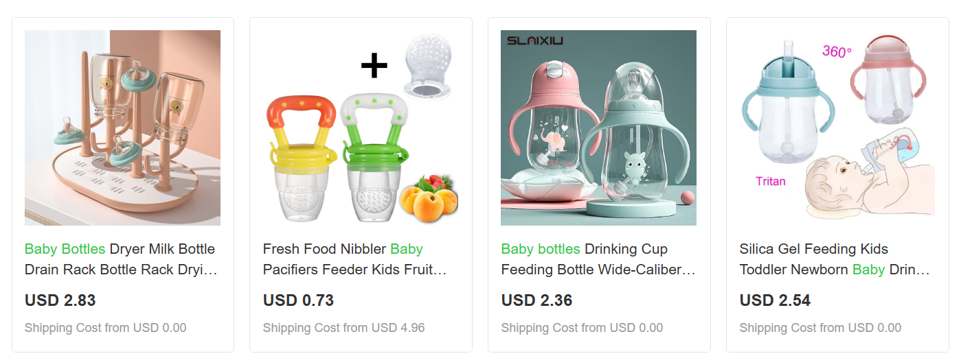 Displaying baby bottles and feeding supplies to dropship baby products.