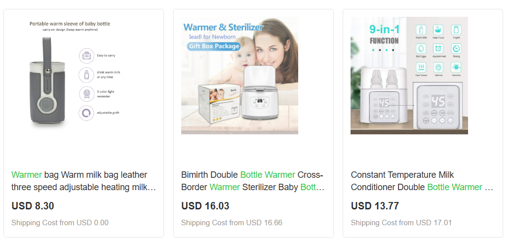 Displaying portable bottle warmer options to dropship baby products.