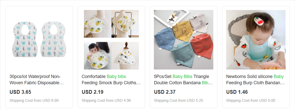 Displaying baby bibs and feeding smocks to dropship baby products.