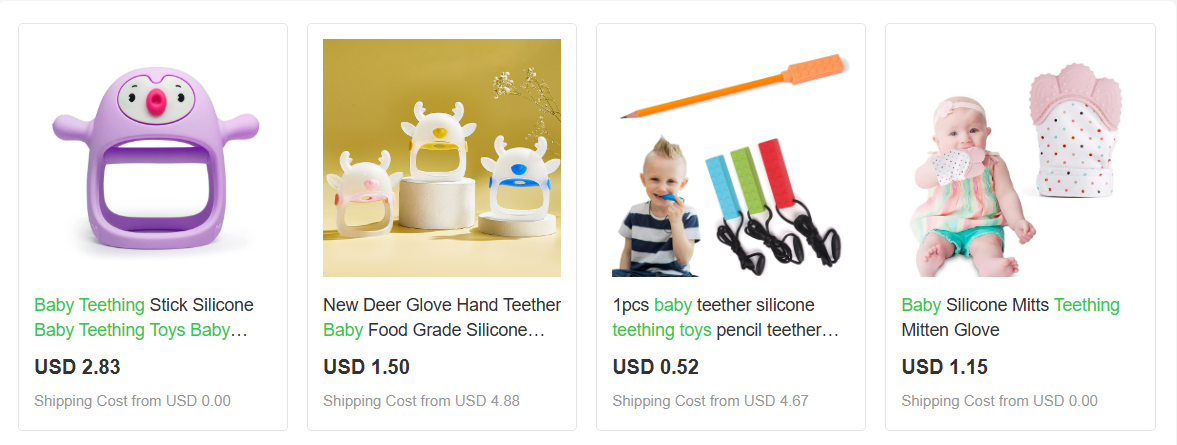Displaying silicone teething toys for baby products dropshipping.