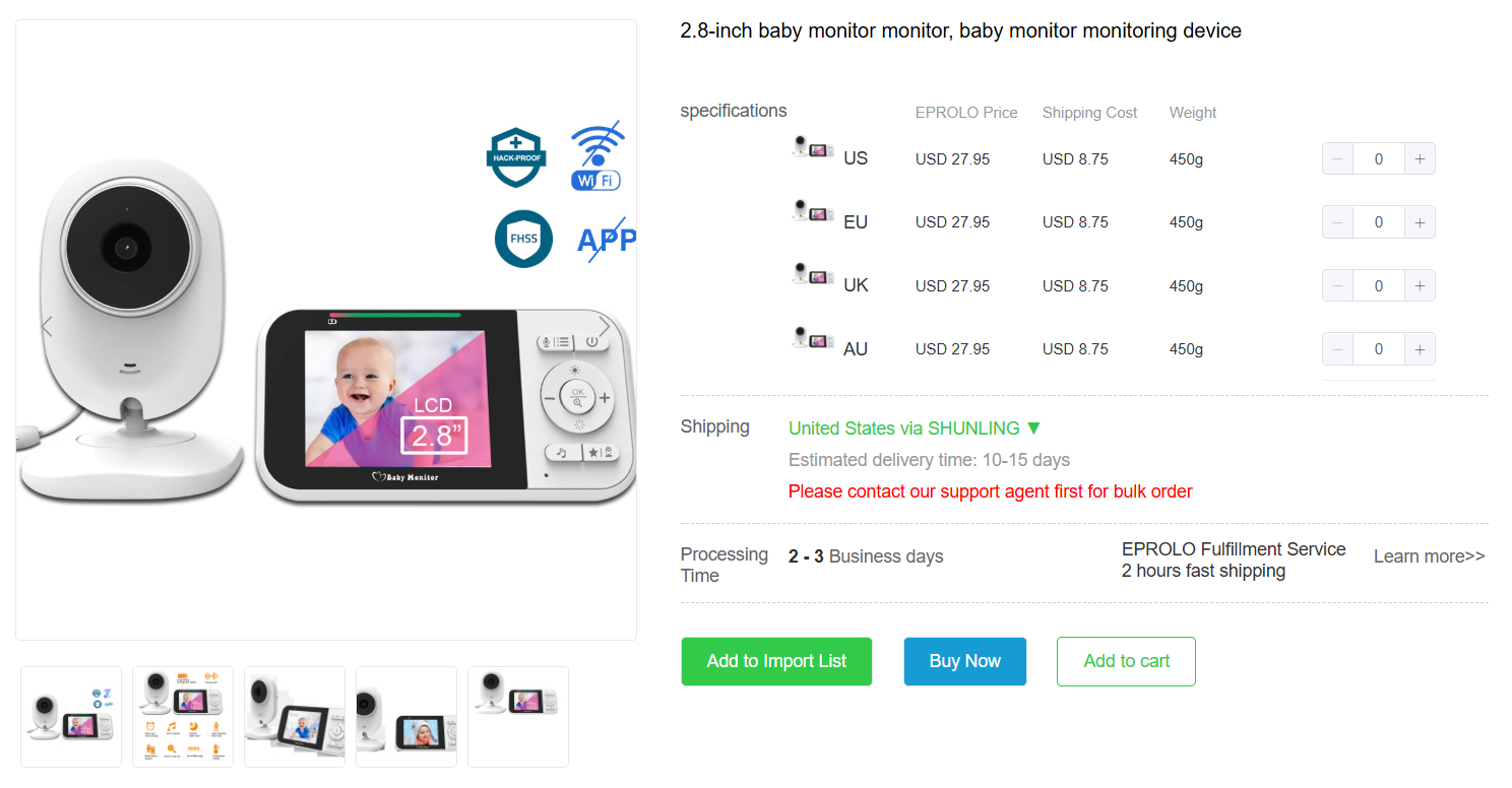 Displaying a smart baby monitor for baby products dropshipping.