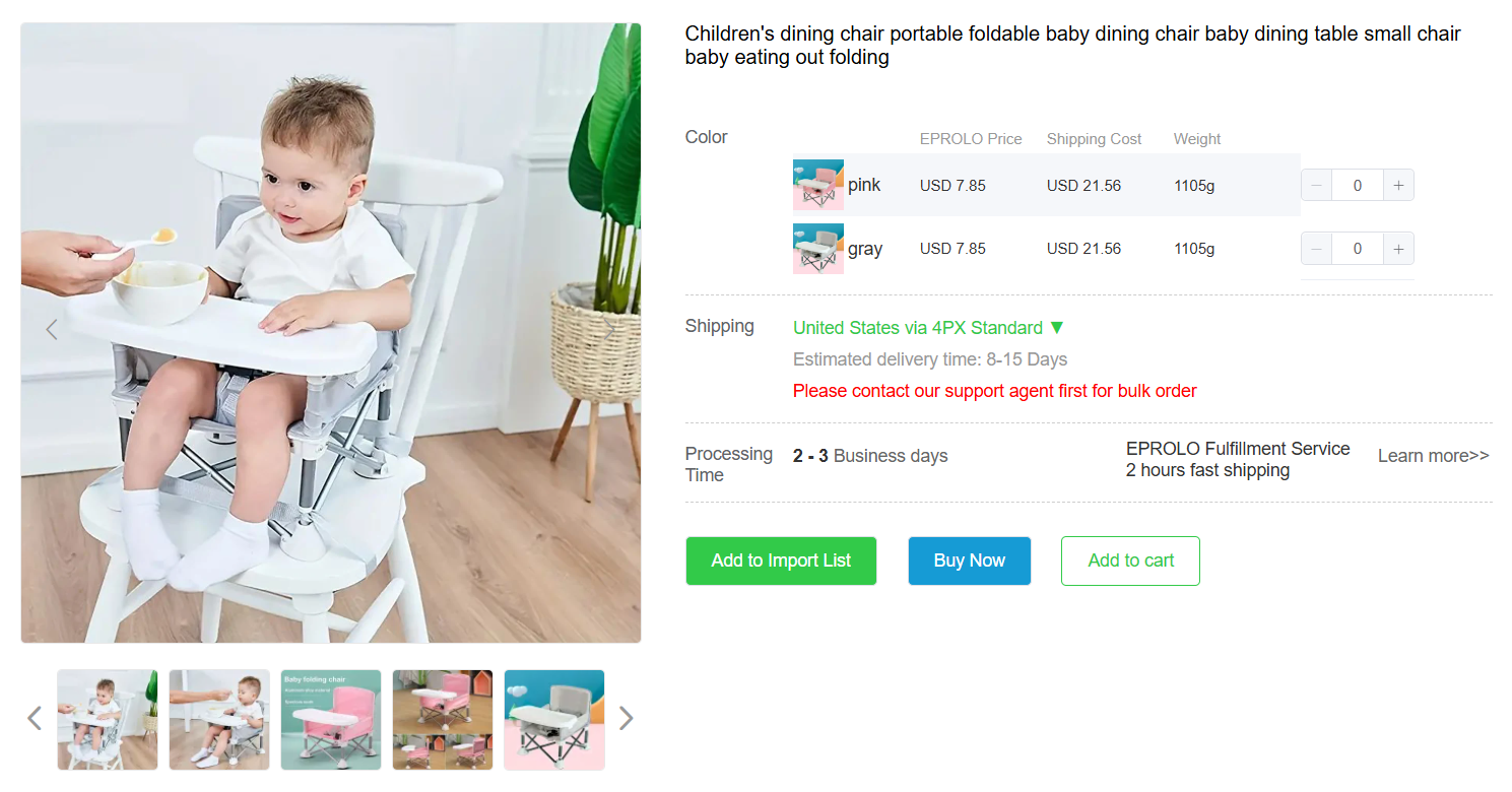 Displaying a portable baby high chair for baby products dropshipping.