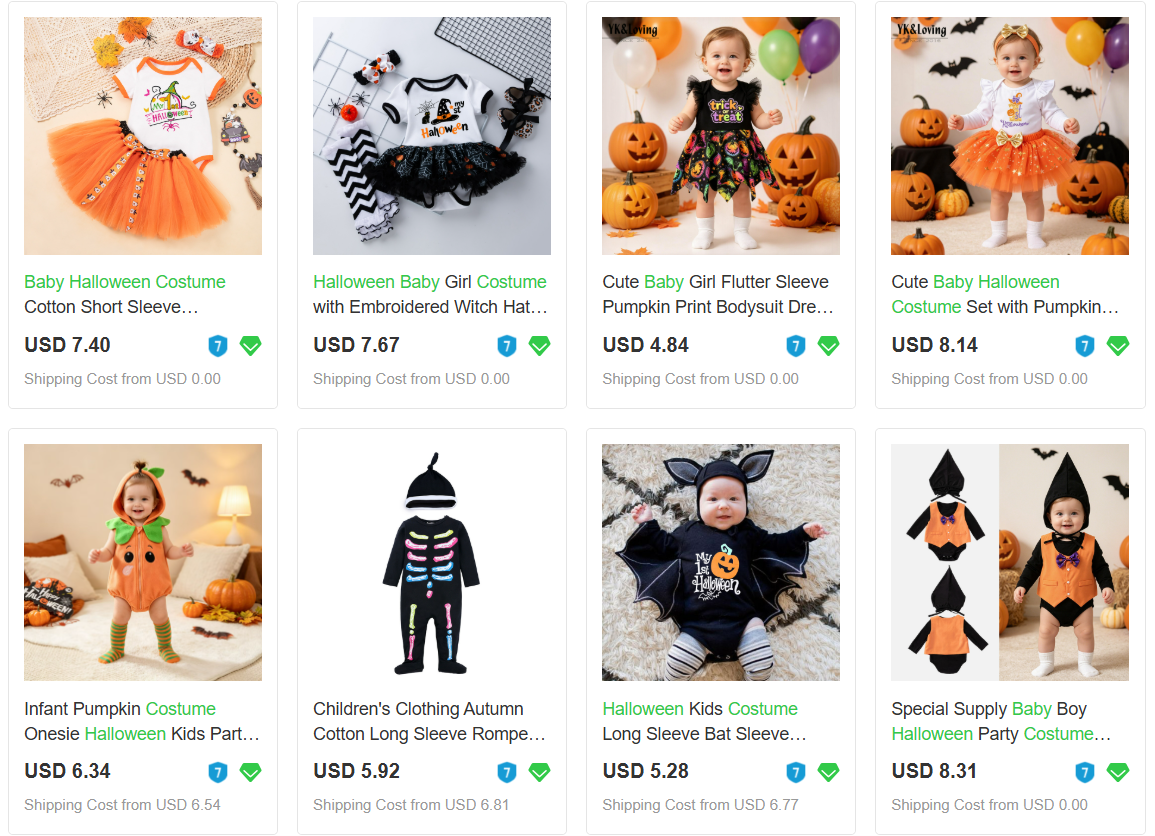 Displaying baby Halloween costume options for dropshipping baby products.