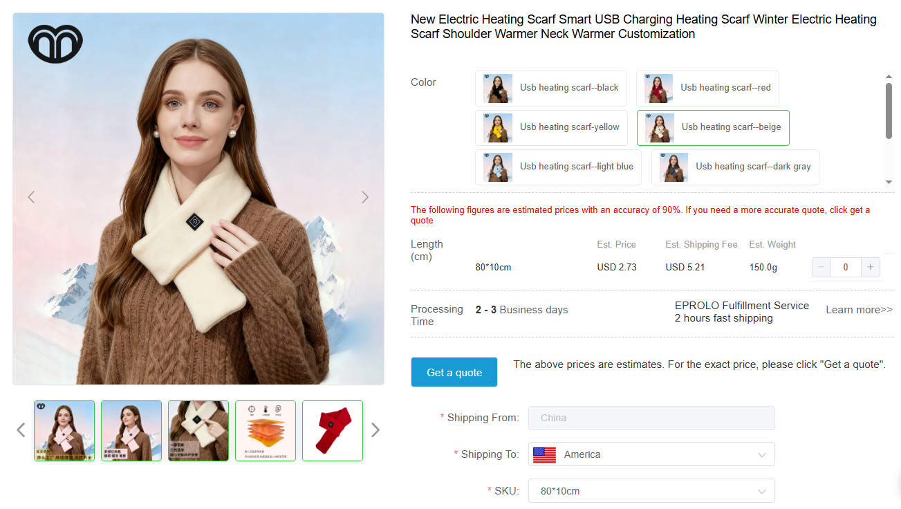 Displaying electric heated scarves as hot dropshipping autumn products on EPROLO.
