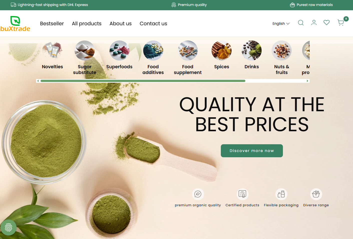 Displaying organic superfoods from dropshipping suppliers in germany on Buxtrade.