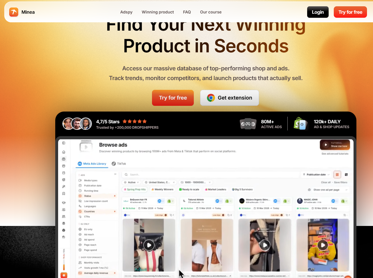 Displaying ad spy and product research tools for dropship.io alternatives on Minea.