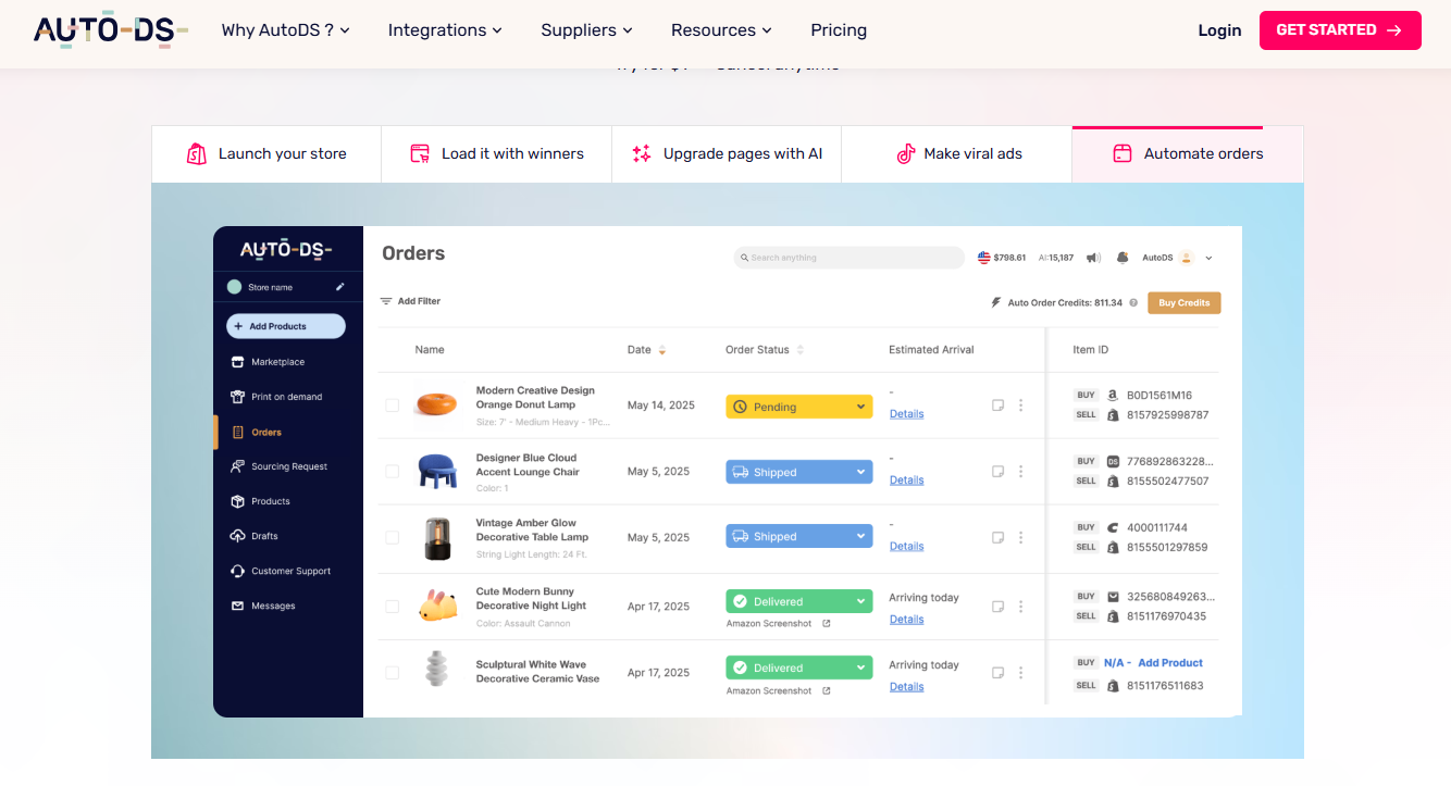 Displaying order automation tools for dropship.io alternatives on AutoDS.