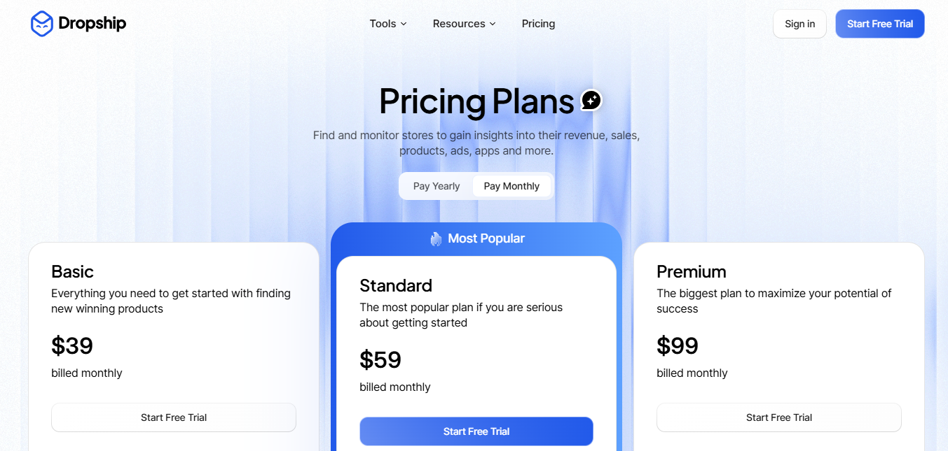 Displaying monthly subscription pricing plans on dropship.io.