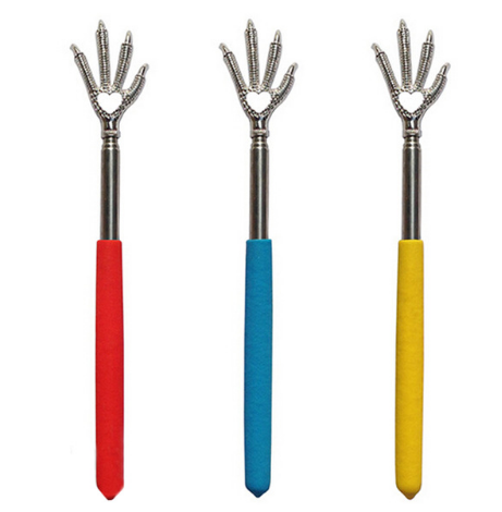 Three bright-colored back scratchers (red, teal, yellow) in compact form, showing color options and portability