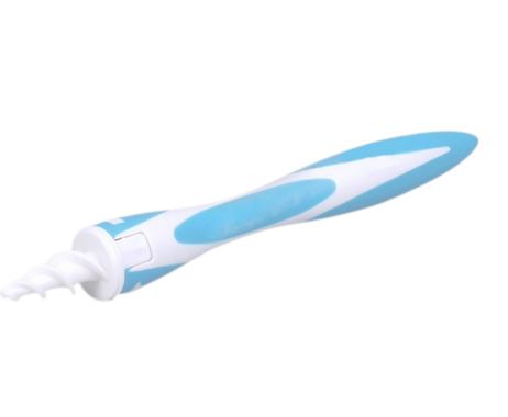 Blue and white spiral ear cleaner with ergonomic handle on light background showing safe design