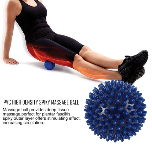 Woman in athletic wear using massage ball on calf muscle with heat gradient overlay
