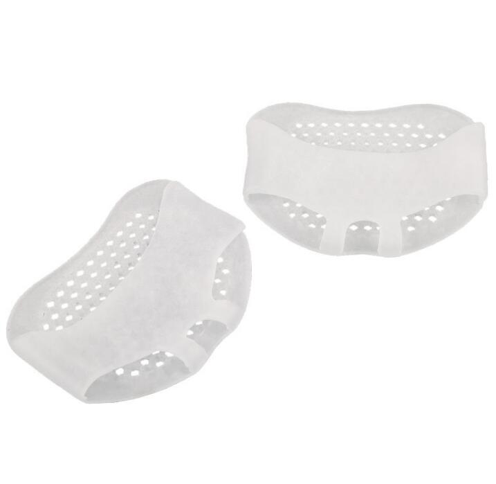 Translucent white forefoot and heel pads shown from multiple angles with ventilation perforation pattern