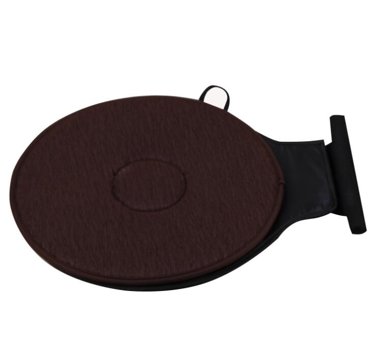 Brown foam rotating car seat cushion with black swivel base and carry handle shown on white background