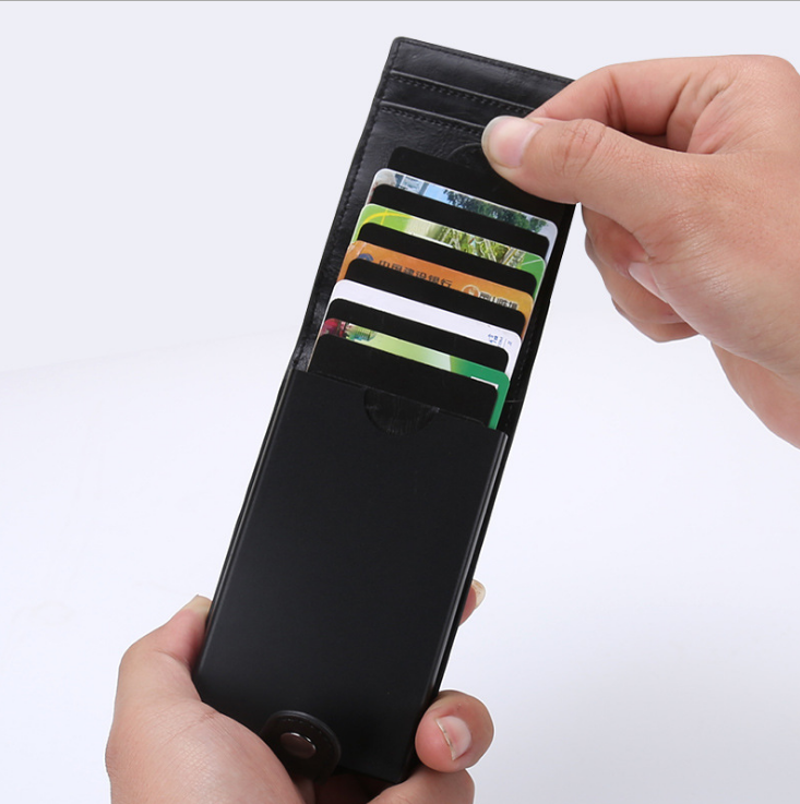 RFID Blocking Men Women Leather Wallets Card Case Automatic Pull Down ID Credit Card Holder Pop UP