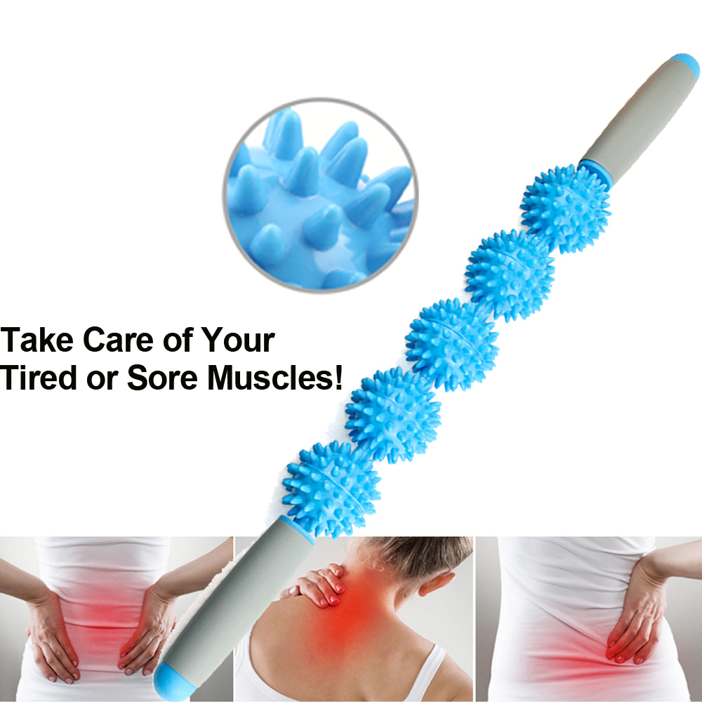 Dual-purpose massage roller with five bright blue spiky ball nodes and ergonomic handles, shown on light background with benefit headline
