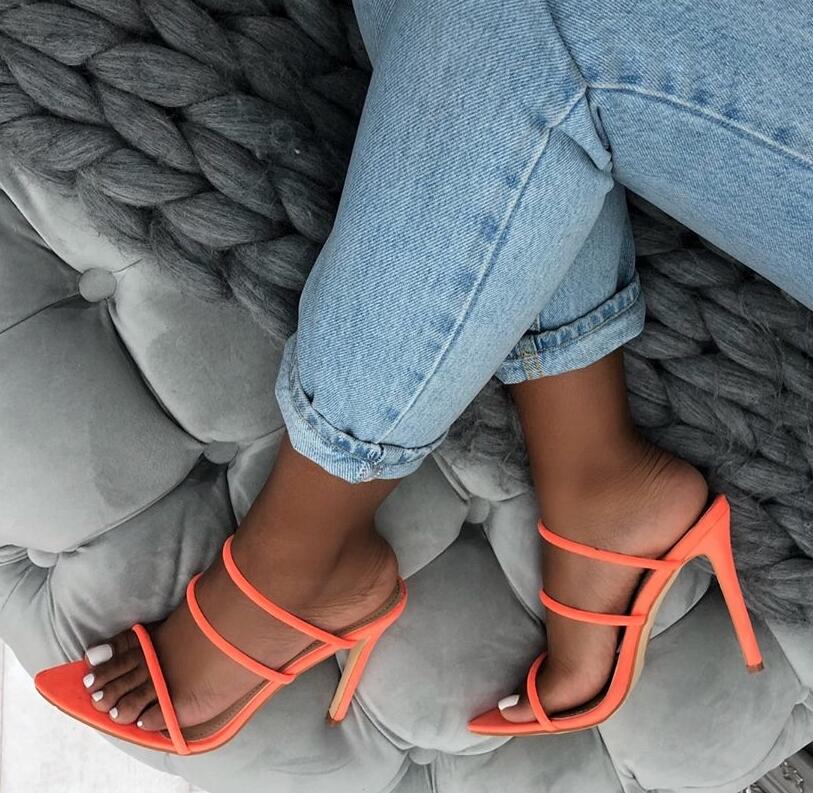 Summer Shoes Woman Lycra Fluorescent Mules Glitter Peep Toe Slides High Heel Slippers Slip On Sandals