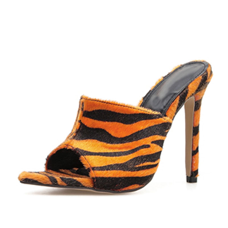 High Heels Horsehair Leopard Shoes Women Slippers Lady Flock Sexy Pumps 12cm Summer Pointed Feminino Slippers Sandals image 5