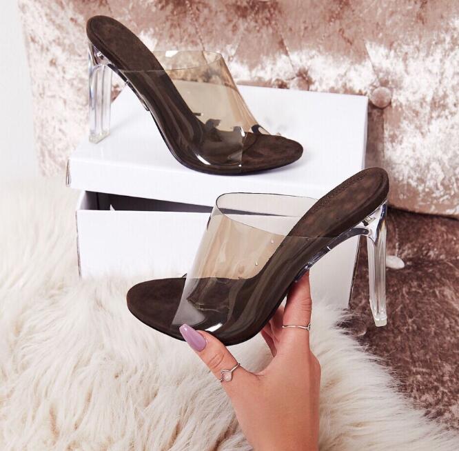 Women Slippers PVC Crystal heel Transparent Sexy Clear High heels Summer Slides Sandals Pumps 11cm Black Apricot
