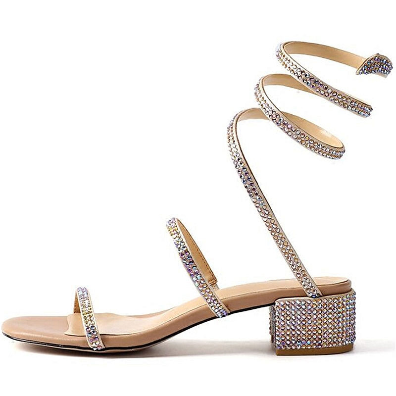 Summer Crystal Gladiator Sandals Women Open Toe Square Heels Sandals Women Party Dress Snake Strap Shoes