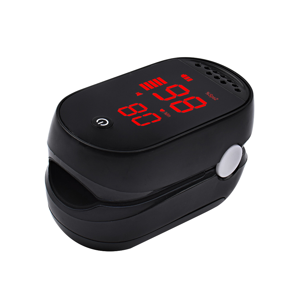 Fingertip pulse oximeter in matte black with red LED display showing SpO2 and BPM readings on a white background
