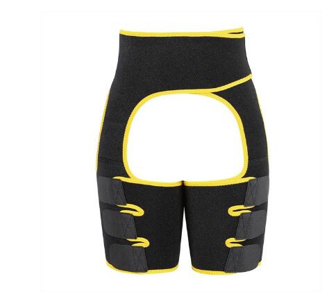 Rear view of black neoprene thigh shaper with yellow trim and grippy bands, highlighting contouring effect
