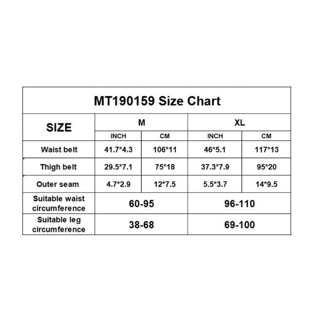 Size chart with measurements for waist, thigh, and leg circumference in inches and centimeters