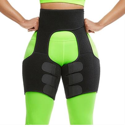 Neon lime green and black neoprene thigh shaper with open-thigh cutout, high-waist fit, and compression bands