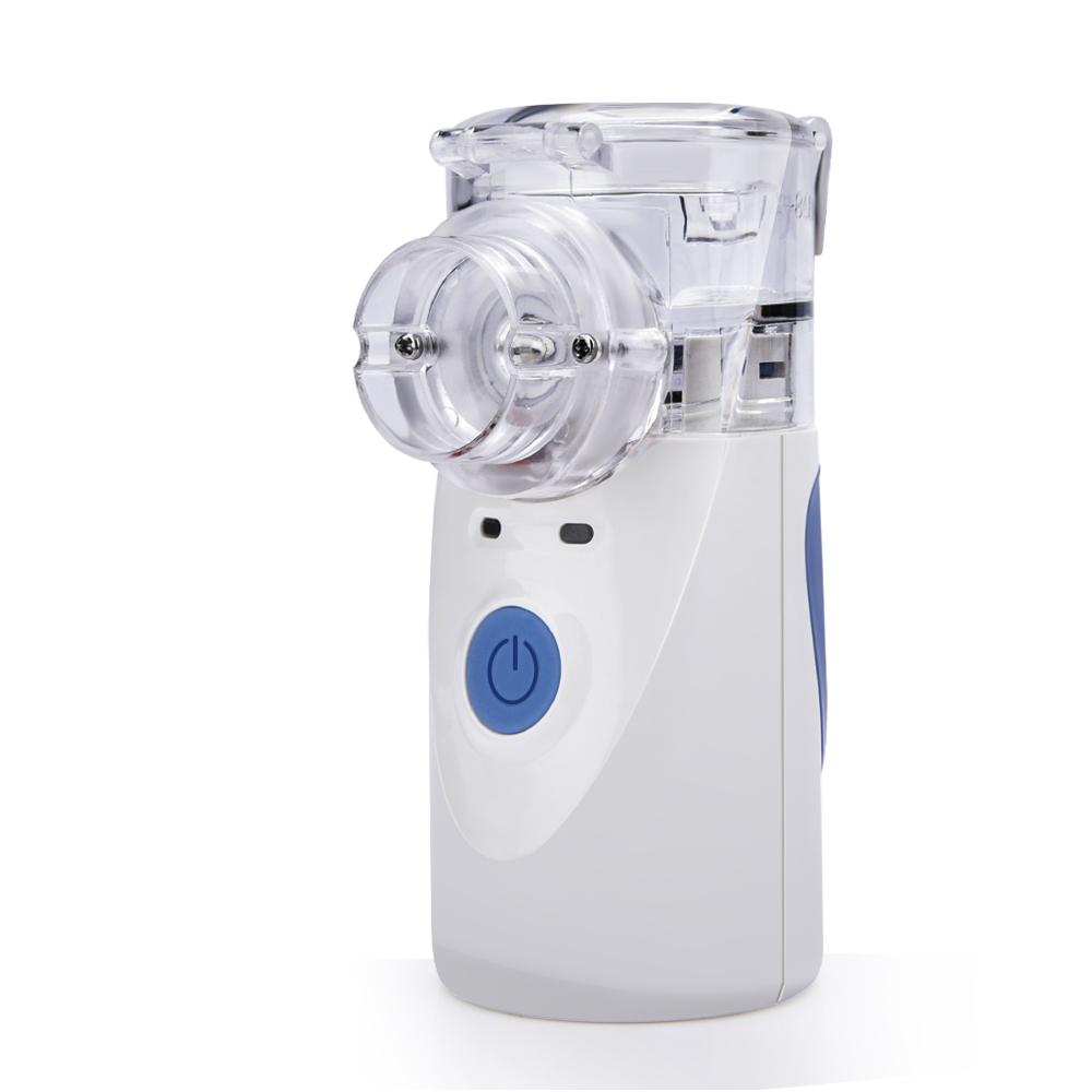 Compact white mesh nebulizer with blue power button and clear medication cup, showing modern design