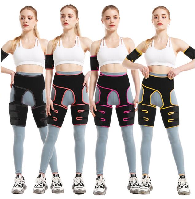Four full-body front views of a model wearing white sports bra and grey leggings with different colored hip shapers