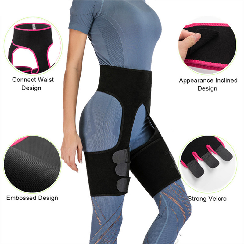 Four labeled technical detail close-ups showing Connect Waist, Appearance Inclined Design, Embossed Design, and Strong Velcro