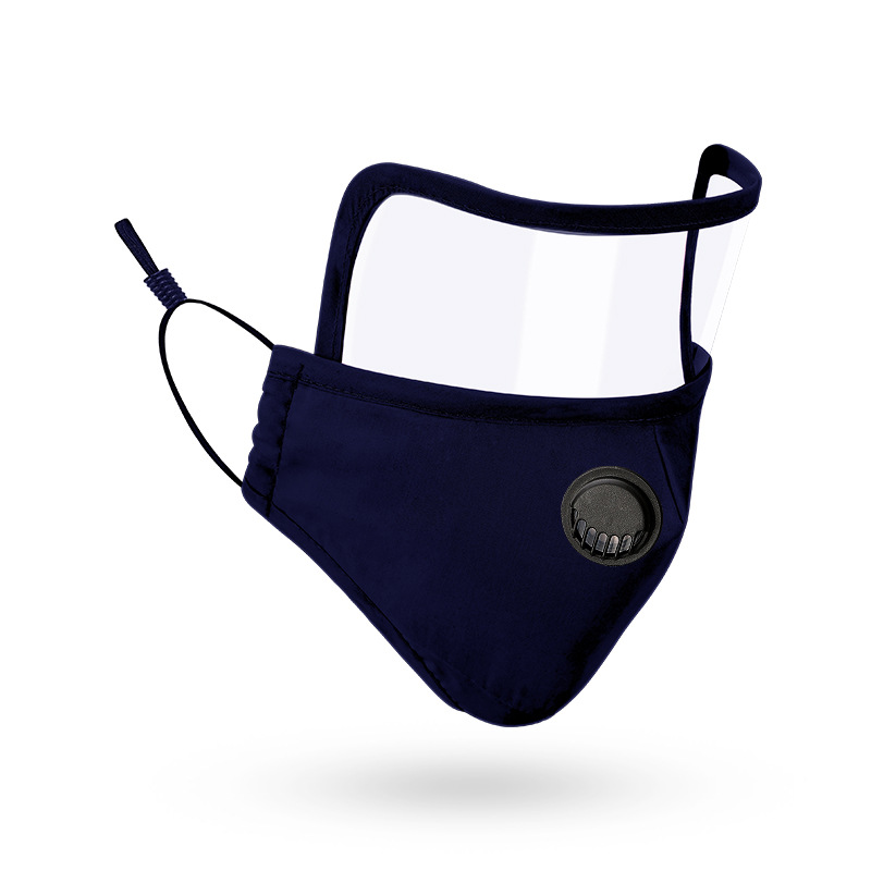 Navy blue Lens Mask with clear eye shield on white, symbolising the before state of clunky separate protection
