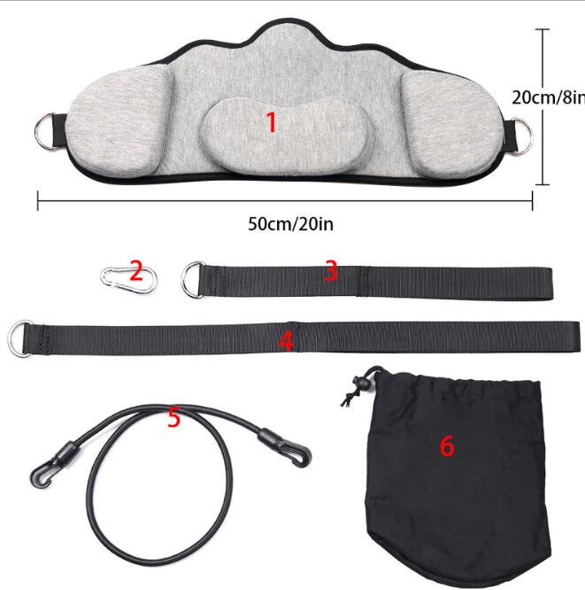 Portable adults neck hammock with contoured memory foam design, gray heathered fabric, showing 50cm width and 20cm height dimensions