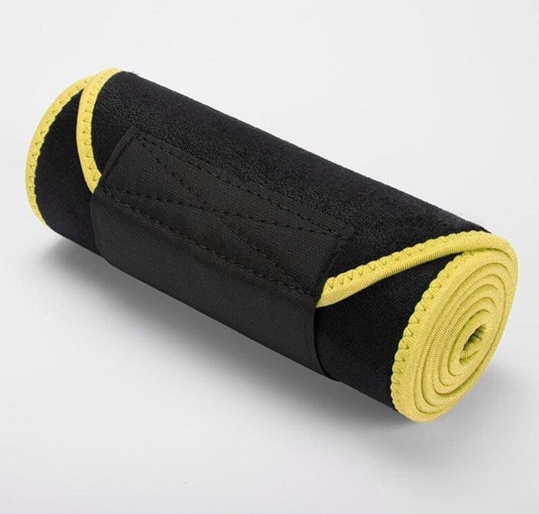 Yellow‑trim rolled belt showing double‑stitched seams and thick neoprene texture