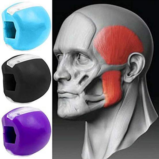 Three silicone facial fitness balls in sky blue, black, and purple, showing color options and ergonomic design
