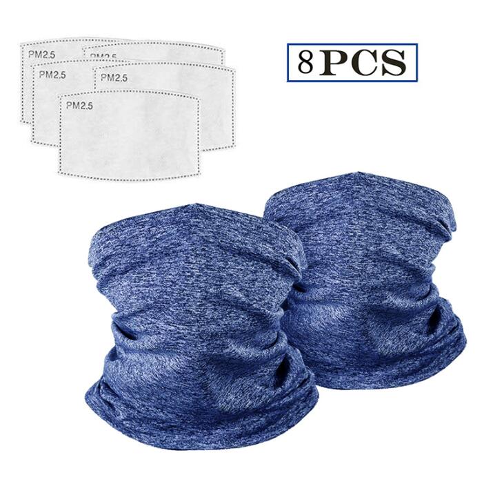 Navy heather neck gaiter with filter inserts shown above, symbolizing reusable protection system