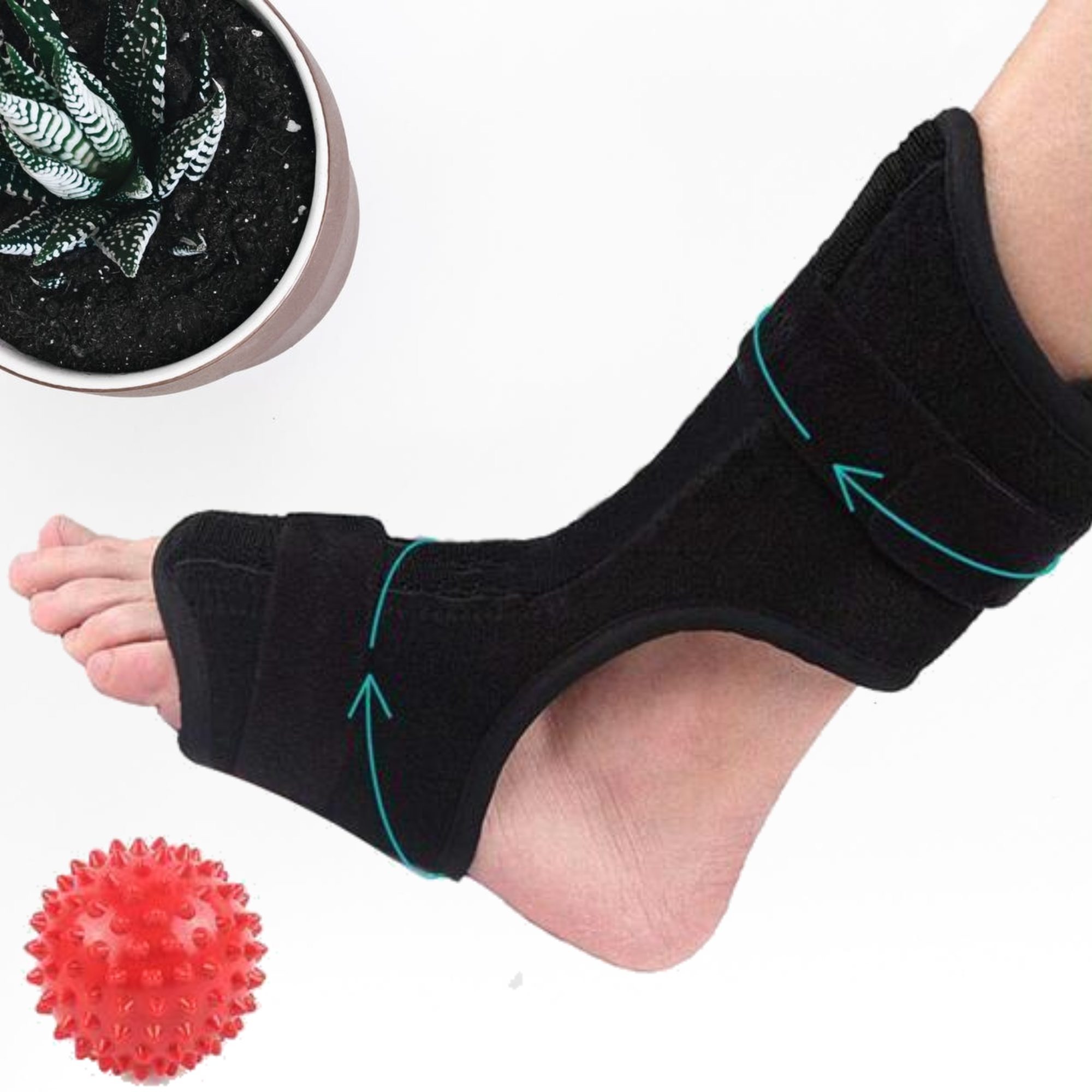 Full product display with splint worn on foot, teal directional arrows showing stretch direction, included massage ball and gel insert visible