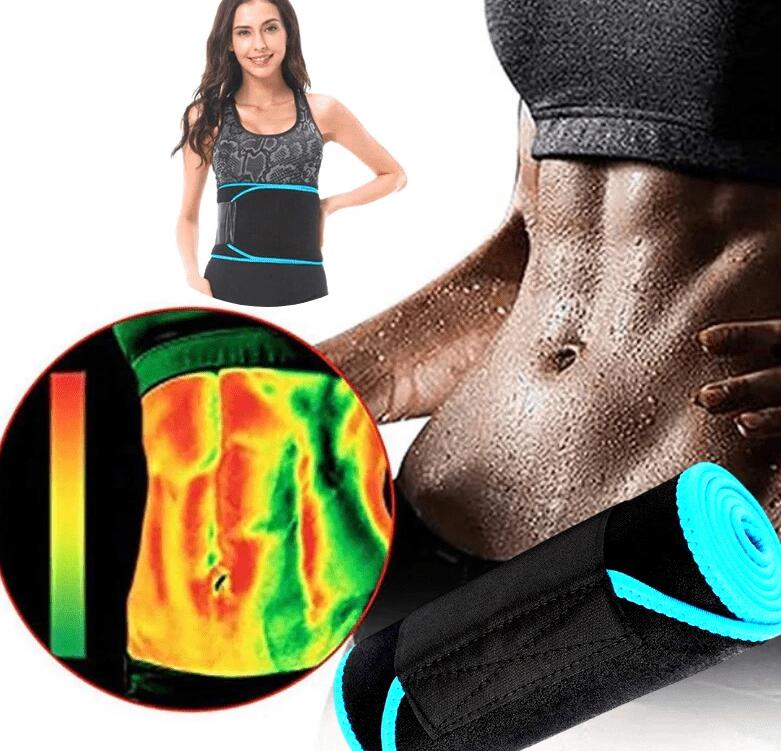 Composite hero image showing a fit woman wearing the blue-trim waist trimmer belt, a thermal imaging inset proving heat concentration at the core, and a muscular male torso glistening with sweat alongside a rolled-up blue belt