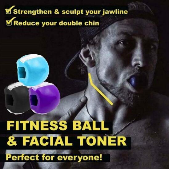 Male model with anatomical jaw muscle diagram overlay, three product colors displayed, conveying mechanism and benefits