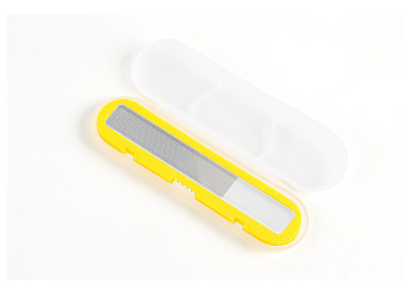 Bright yellow nano glass nail file with frosted transparent body and embedded metal filing strip on white background